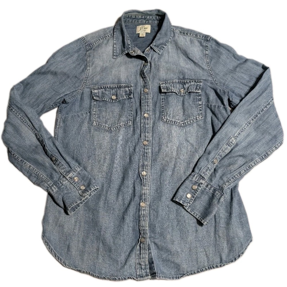 J.Crew Western Chambray Shirt Womens 6 Blue Pearl Snap 100% Cotton Denim
